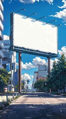 Generative AI illustration of empty billboard placed on asphalt road near residential buildings against blue sky in city