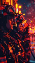 Generative AI illustration of firefighters lined up in profile with reflective stripes on gear illuminated by the glow of fire truck lights