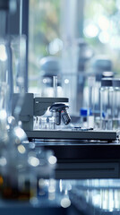 A microscope is on a table with many other lab equipment