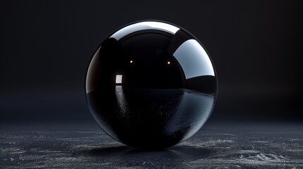 Glossy black sphere with reflections on dark background.
