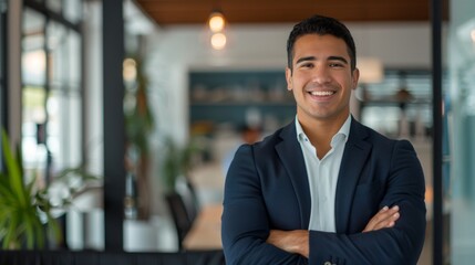Fototapeta premium Portrait of smiling man in a business suit in an office environment. Professional headshot for corporate