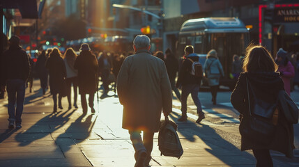 Obraz premium A natural portrayal of city life, with people of different characteristics and cultural backgrounds crossing paths on the streets, highlighting the city's social and cultural richness.