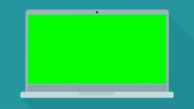 Appearance of a laptop with its opening from the back with appearance of a green screen on the screen in flat design style with long shadow