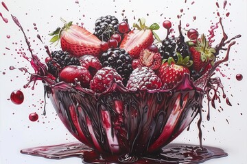 Exquisite berry explosion dessert with strawberries, blackberries, and raspberries, set against a splattered background for a dramatic effect