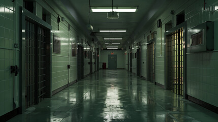 Obraz premium In the painting we see an evening view of the interior of prison cells.