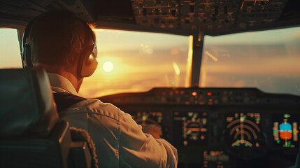 Fototapeta premium A pilot preparing for takeoff in the cockpit of a passenger plane.