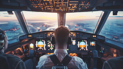 Fototapeta premium A pilot preparing for takeoff in the cockpit of a passenger plane.