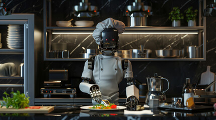 A high-class restaurant kitchen, where the chef in the form of an advanced AI robot prepares exquisite dishes with precision and speed.