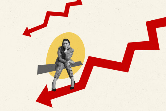 Composite photo collage of upset sad businesswoman sit arrow decline pointer statistics failure bankrupt isolated on painted background