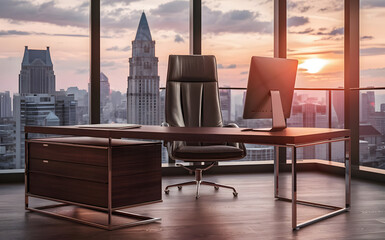 CEO business interior with desk near window, minimalist CEO's office, Empty management office at dusk