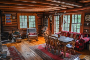 Fototapeta premium Inviting log cabin interior featuring a dining area, stone fireplace, and vintage decorations