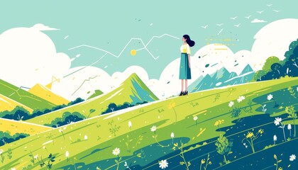 Charming anime girl in a meadow with mountains, stock market chart overlay, white background, perfect for professional and creative financial content