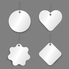 Mock up of 4 white price tags with string for hanging on transparent background. Template of blank discount paper labels for shopping or gift tags, cards, badges with cord. Vector cardboard stickers