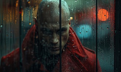 AI Generated Image. Contemplative thoughtful bald man in dark red coat behind the wet window