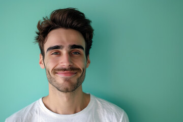 A close up portrait of a young man with a subtle smile