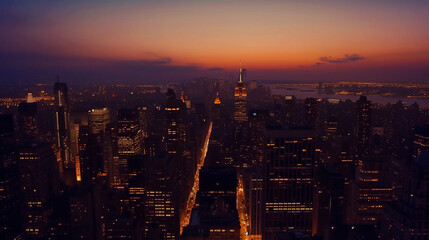Obraz premium Wide-angle photograph captures the vast metropolitan skyline at dusk, as lights gradually illuminate the buildings, creating a mesmerizing scene
