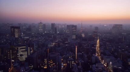 Fototapeta premium Wide-angle photograph captures the vast metropolitan skyline at dusk, as lights gradually illuminate the buildings, creating a mesmerizing scene