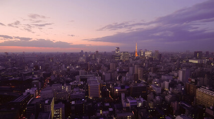 Obraz premium Wide-angle photograph captures the vast metropolitan skyline at dusk, as lights gradually illuminate the buildings, creating a mesmerizing scene
