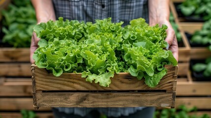 Farmer holding organic produce in wooden box on his farm