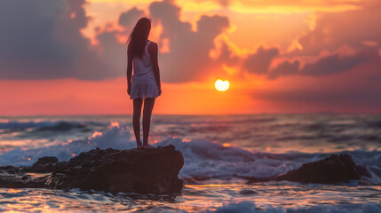 Portrait of adult unknown woman stand on a rock and looking at the sea