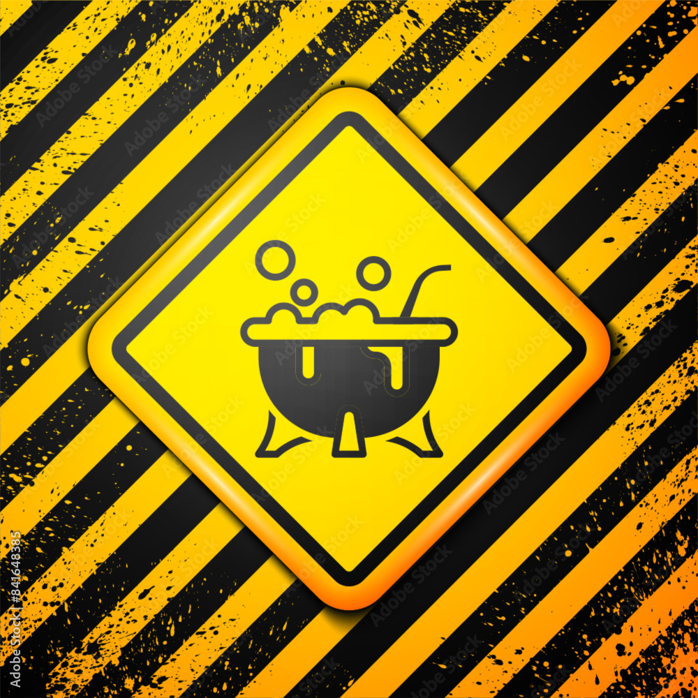 Sticker Black Halloween witch cauldron icon isolated on yellow background. Happy Halloween party. Warning sign. Vector