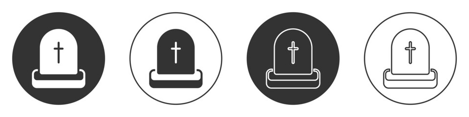 Obraz premium Black Tombstone with RIP written on it icon isolated on white background. Grave icon. Happy Halloween party. Circle button. Vector