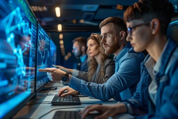 Cybersecurity Experts Analyzing Threats in High-Tech Office with Multiple Screens