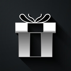 Silver Gift box icon isolated on black background. Valentines day. Long shadow style. Vector
