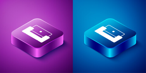 Isometric Armchair icon isolated on blue and purple background. Square button. Vector