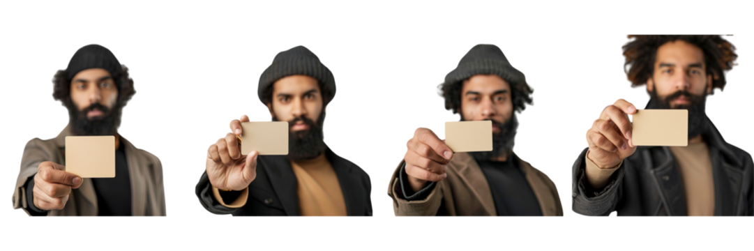 Set of a portrait of a male hand holding a card The black man behind is light gray on transparent background - Powered by Adobe