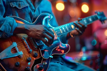 Obraz premium Musician playing electric guitar in vibrant atmosphere