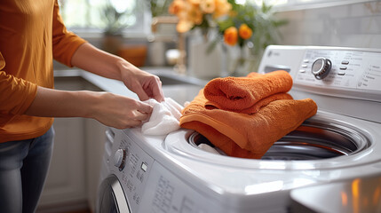  A woman is using an orange cloth to clean the washing machine, with several towels on top of it 