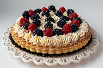 Elegant pavlova with fresh blackberries, raspberries, and strawberries, topped with whipped cream, presented on a white background for a sophisticated dessert