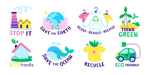 Fototapeta premium Cartoon ecological sticker set. Vector bright environmental conservation sticker collection.