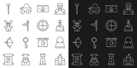 Set line Castle, fortress, Executioner mask, Sword in the stone, Medieval castle gate, flag, Windmill, Garden pitchfork and Round wooden shield icon. Vector