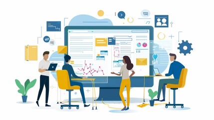 Collaborative Team Analyzing Data and Programming in High-Tech Office Environment