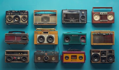 Similar vintage boomboxes against blue background
