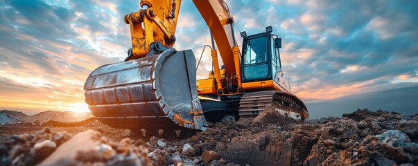 Close-up of working excavator bucket on the sky background