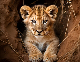 Curious Cub: Baby Lion Emerging from Hiding