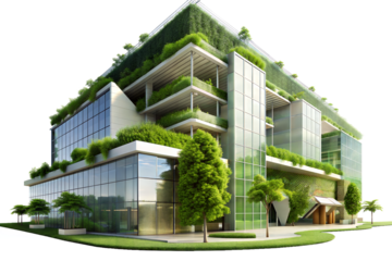 Modern, eco-friendly buildings with green roofs and vertical gardens on white background. Ai generated