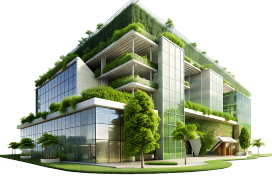 Modern, eco-friendly buildings with green roofs and vertical gardens on white background. Ai generated