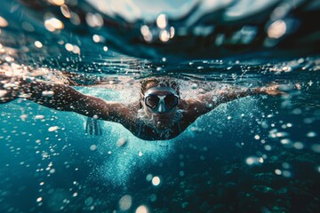 Triathlete Training in Open Water, Underwater Perspective Showing Dynamic Movement and Streamlined Form