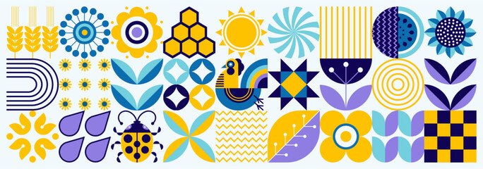 Geometric summer pattern. Scandinavian style. Ukrainian motives. Natural organic flowering plants, ecological agriculture concept. Minimalist abstraction . Eco Illustration © Alexander