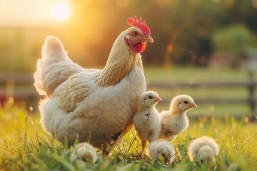 Fototapeta premium Mother hen with chicks in natural habitat, farmyard birds in beautiful outdoor setting