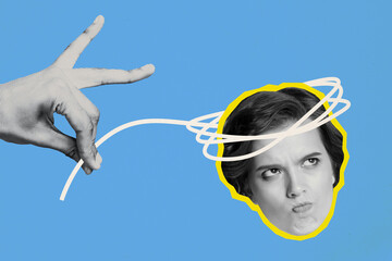 Collage artwork sketch of upset angry girl solve problem trouble isolated on creative painted...