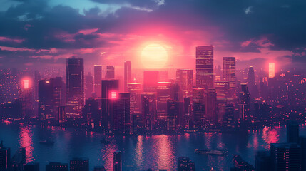 Obraz premium Cyberpunk cityscapes with neon lights.