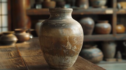 A ceramic vessel sits on a wooden table