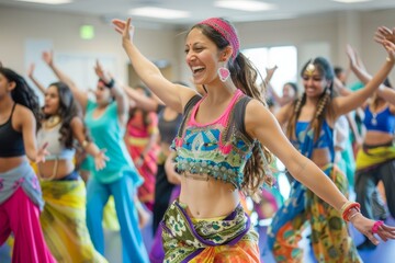 Colorful Bollywood Dance Fitness Class: Lively Music, Joyful Participants in Vibrant Outfits