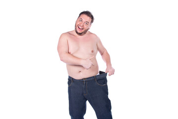 Fototapeta premium Funny fat man on a diet. White background.