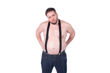 Fototapeta premium Funny fat man on a diet. White background.